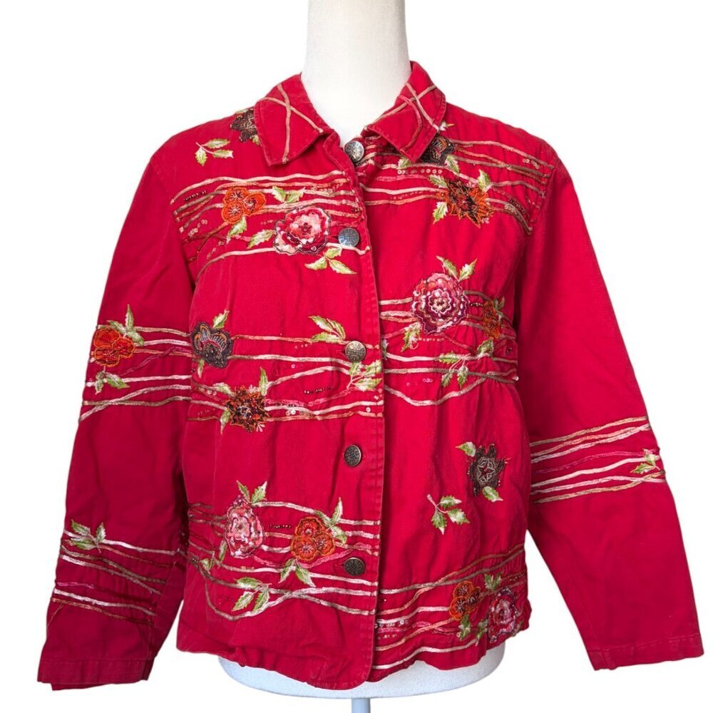 Coldwater Creek Red Floral Embellished Embroidered Denim Jacket